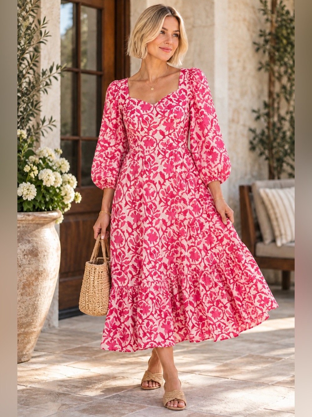 Ivy City Co Pink Floral Cotton Midi Dress Puff Sleeve Tiered Cottagecore Small